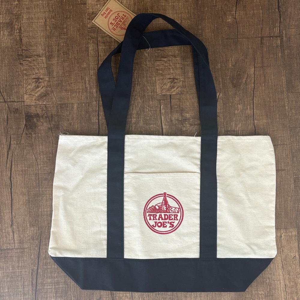 NWT! Trader Joe's Cream and Navy Blue Tote Bag